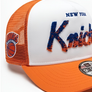 NEW ERA 950 A-FRAME PRE-CURVED CHENILLE LOGO TRUCKER HAT NEW YORK KNICKS-ORANGE/WHITE