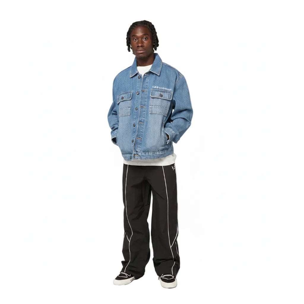 L/AB C/O OFF WHITE ZIP TRUCKER DENIM JACKET MEN'S /STEEL INDIGO