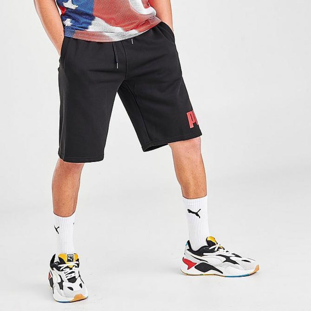 PUMA BIG FLEECE LOGO 10 SHORTS Men’s- BLACK HIGH RISK RED