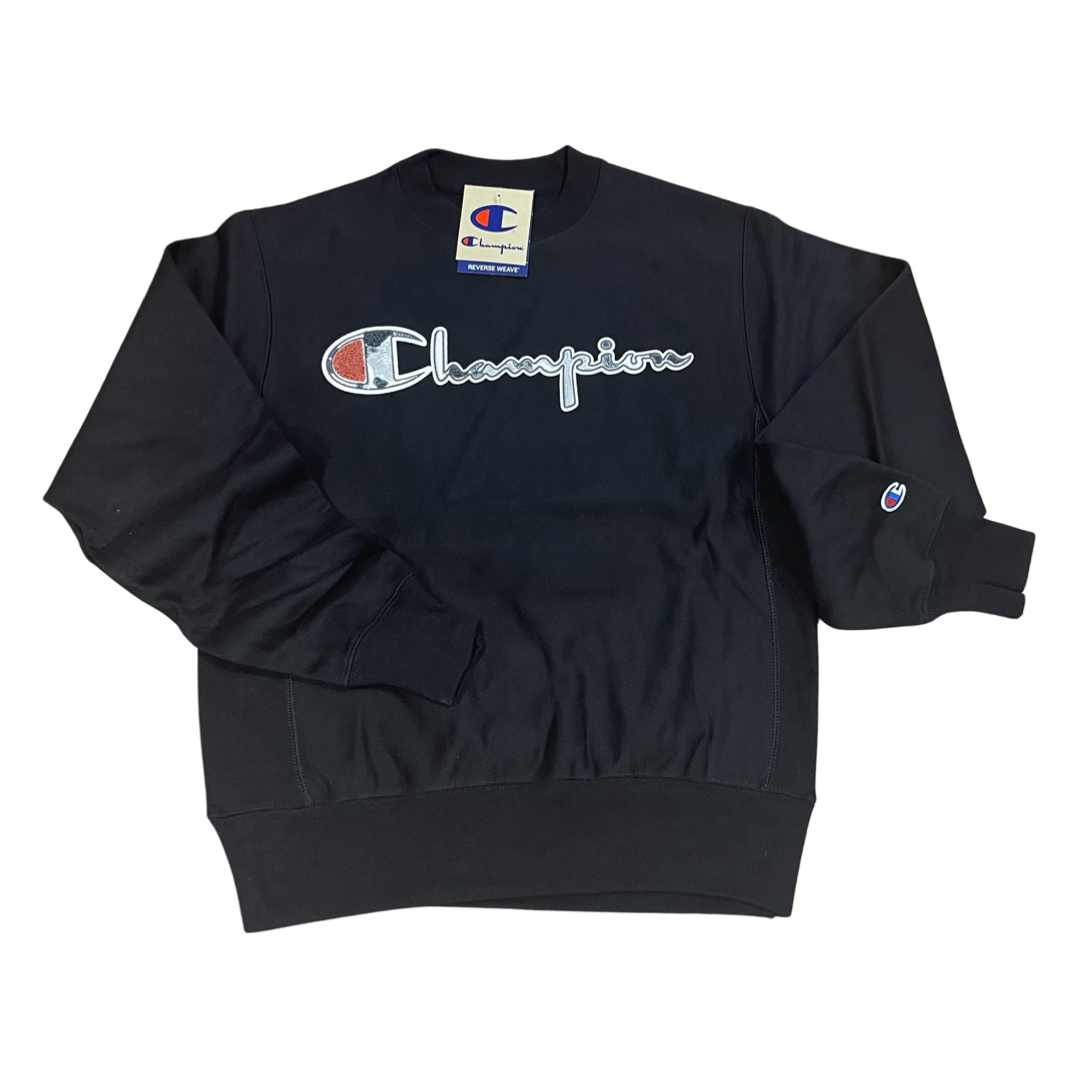 Champion script logo black crew neck sweatshirt online