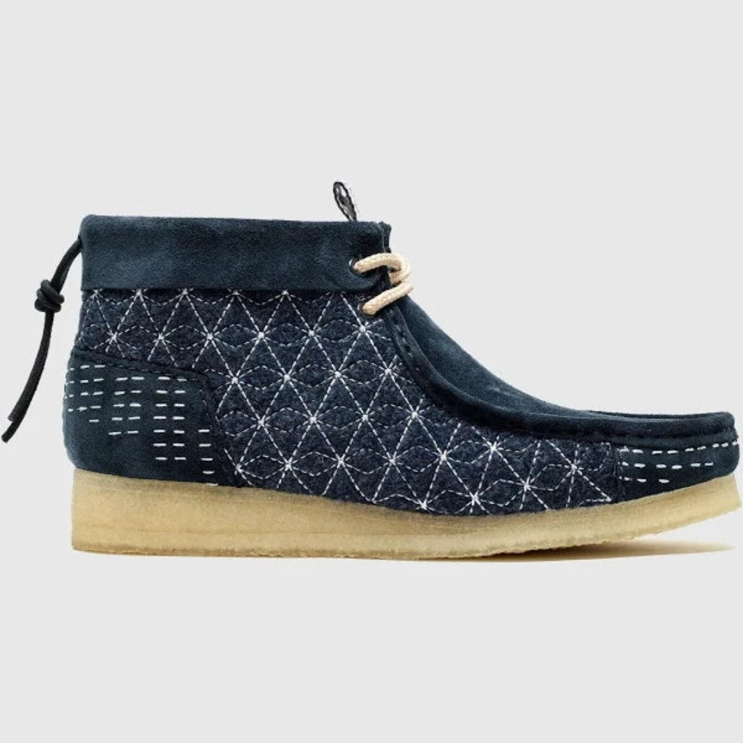 Clark's WALLABEE BOOT Men's - NAVY SASHIKO – Moesports Clark's WALLABEE BOOT Men's - NAVY SASHIKO – Moesports