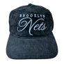 NEW ERA BROOKLYN NETS  TEAM SCRIPT PRE-CURVED CORDUROY SNAPBACK -BLACK WHITE