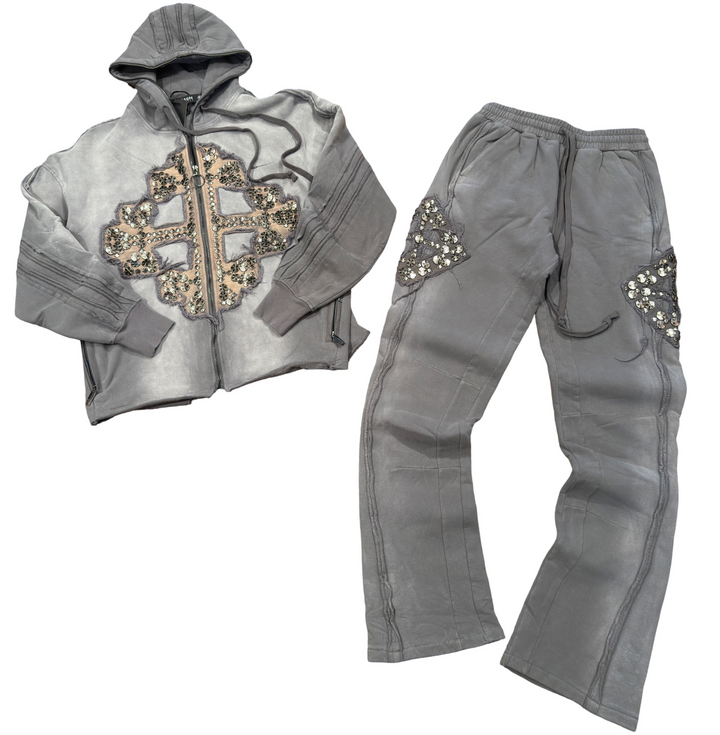 HUDSON STUDDED FLEECE  STACKED FULL ZIP HOODED  SWEATSUIT Men’s -GREY