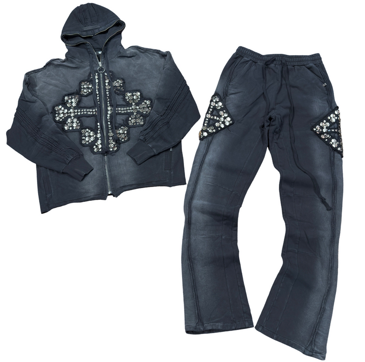 HUDSON STUDDED FLEECE STACKED FULL ZIP HOODED SWEATSUIT Men’s -BLACK