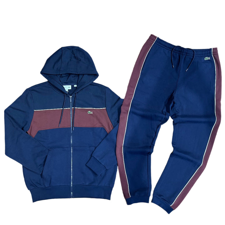 LACOSTE FUll ZIP-UP COLORBLOCK  HOODIE SWEATSUIT Men’s -NAVY BLUE-BORDEAUX -IE3