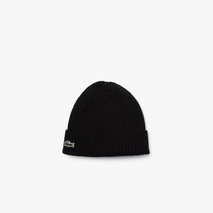 LACOSTE RIBBED WOOL BEANIE  - BLACK