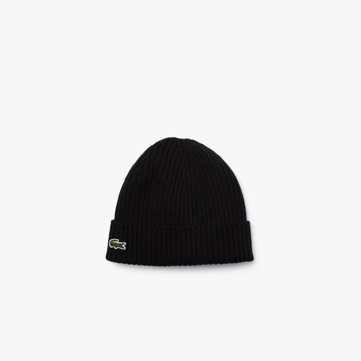 LACOSTE RIBBED WOOL BEANIE  - BLACK