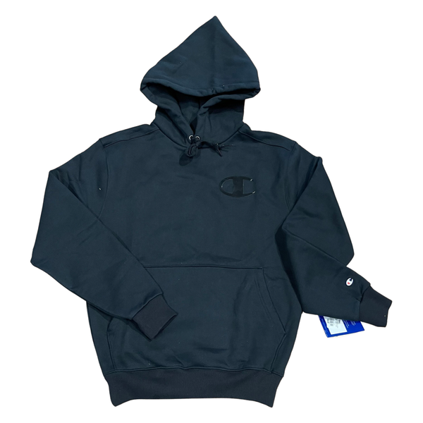 Black champion hoodie with blue logo outlet