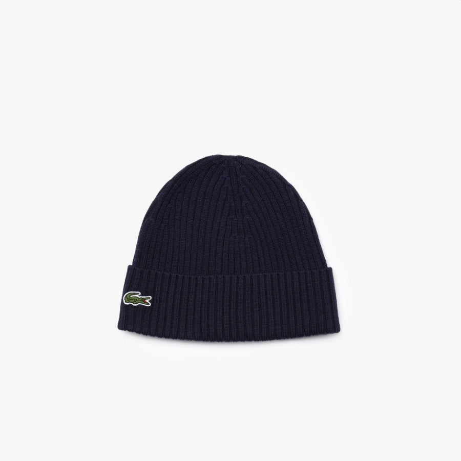 LACOSTE  RIBBED WOOL BEANIE - NAVY BLUE